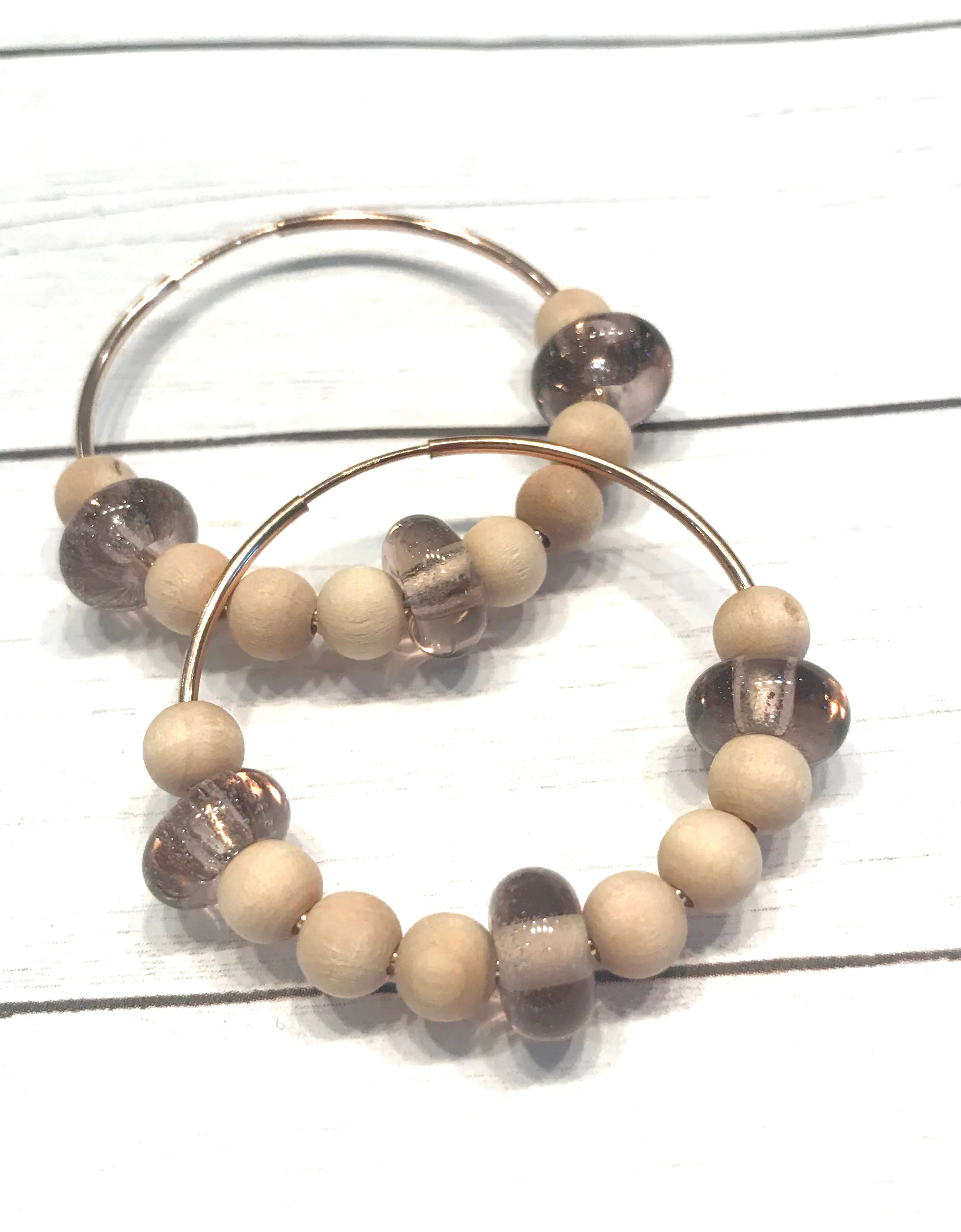 Wood And Sepia Beaded Hoop Earrings