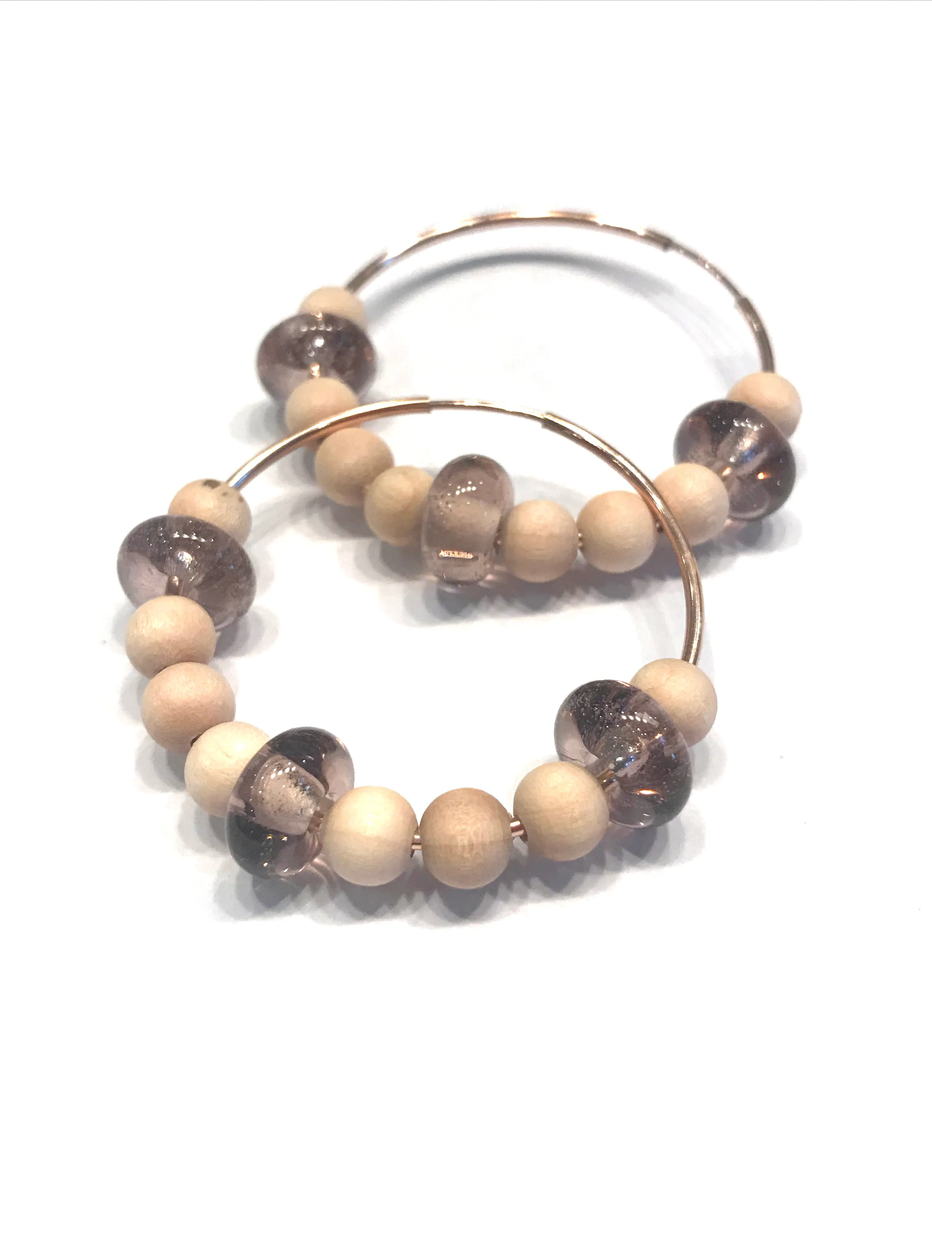 Wood And Sepia Beaded Hoop Earrings